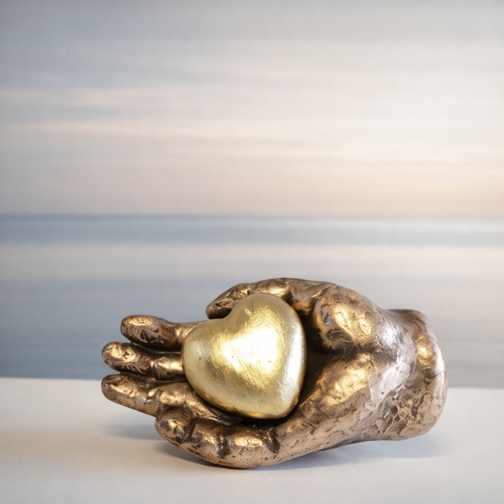 Keramische Urn brons hart op hand