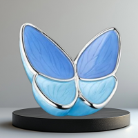 blauwe messing urn met vlinderdecoratie in drie formaten