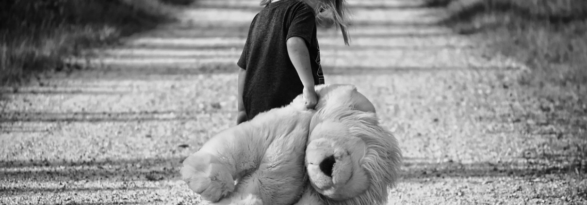 girl, walking, teddy bear, child, walk, female, nature, sad girl, young, road, rural, animal, toy, childhood, black and white, sad, alone, monochrome