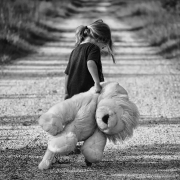 girl, walking, teddy bear, child, walk, female, nature, sad girl, young, road, rural, animal, toy, childhood, black and white, sad, alone, monochrome