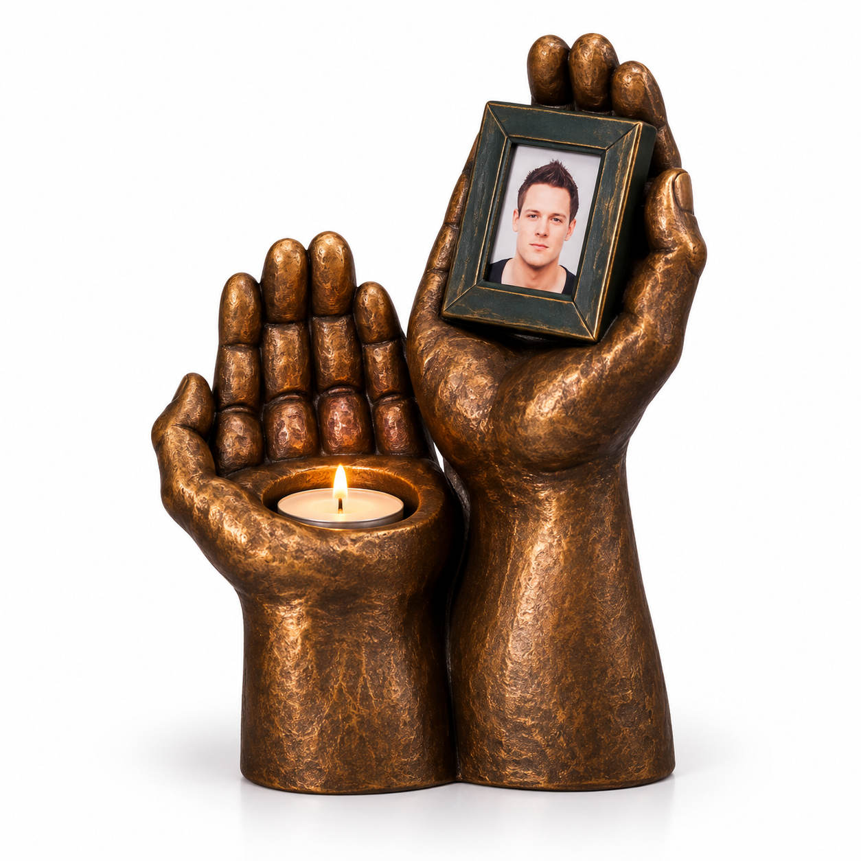 Keramische urn brons handen met foto lijst