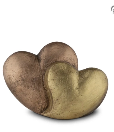 Keramische urn dubbel hart champagne goud – kleine herinneringsurn (1 liter)