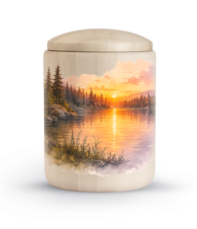 Houten urn met zonsondergang