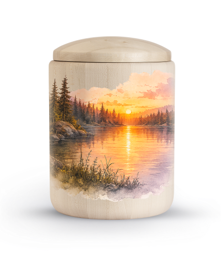 Houten urn met zonsondergang