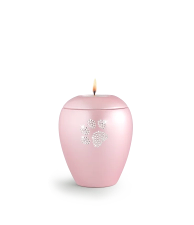 Dierenurn met Swarovski dierenpoot en waxinelichthouder –  roze