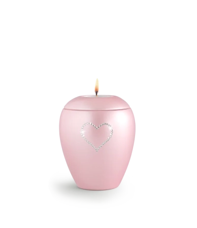 Urn met Swarovski hart roze met waxine- in diverse maten