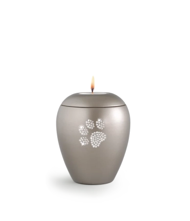 Dierenurn met Swarovski dierenpoot en waxinelichthouder –  licht grijs