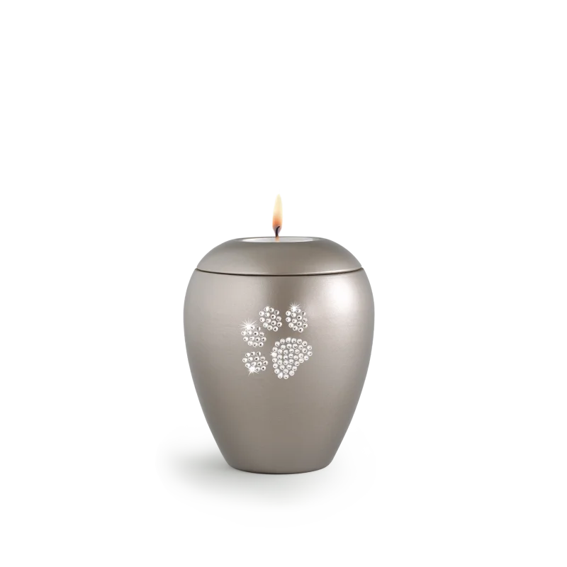 65-500-578L Dierenurn met Swarovski dierenpoot en waxinelichthouder – licht grijs