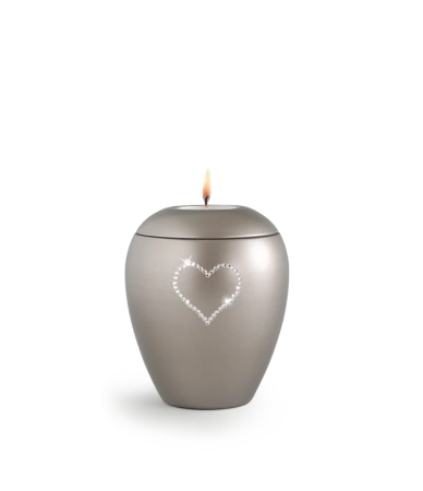Urn met Swarovski hart waxine licht grijs - in twee maten