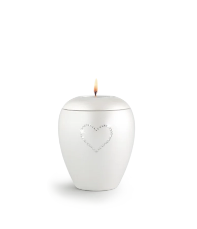 Urn met Swarovski hart waxine wit - in twee maten