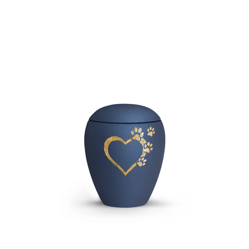 Keramische dierenurn Blauw met goudkleurige pootjes - in 3 diverse maten